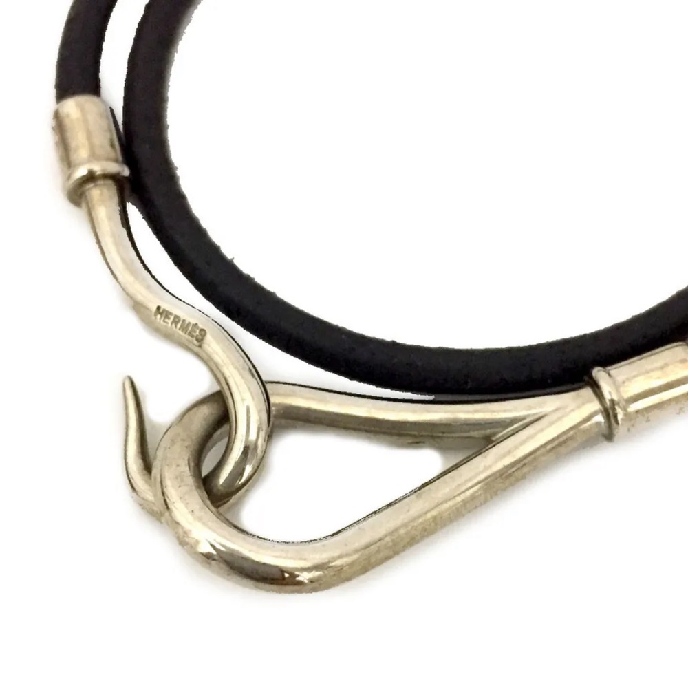 HERMES Jumbo Double Wrap Bangle Bracelet Leather Palladium Silver & Black